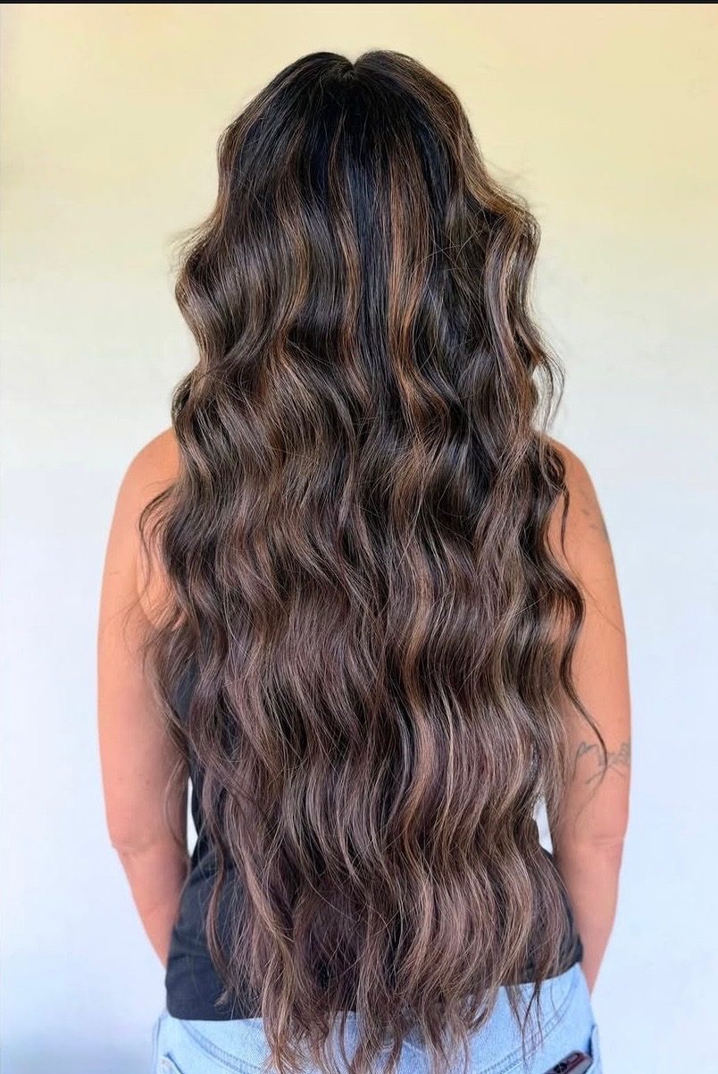 Long brunette dimension — hair by The Shasta Edit